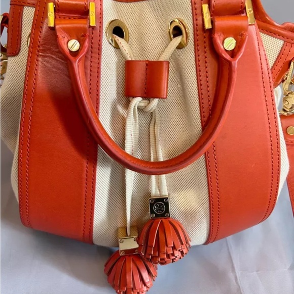 Tory Burch Leather Canvas Bucket HandBag Drawstring Tote Orange Beige Gold - Picture 3 of 13